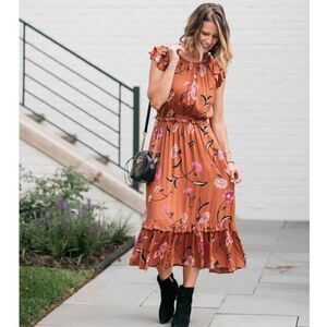 Universal Thread Rust Brown Floral Ruffle Hem Dress Size Small